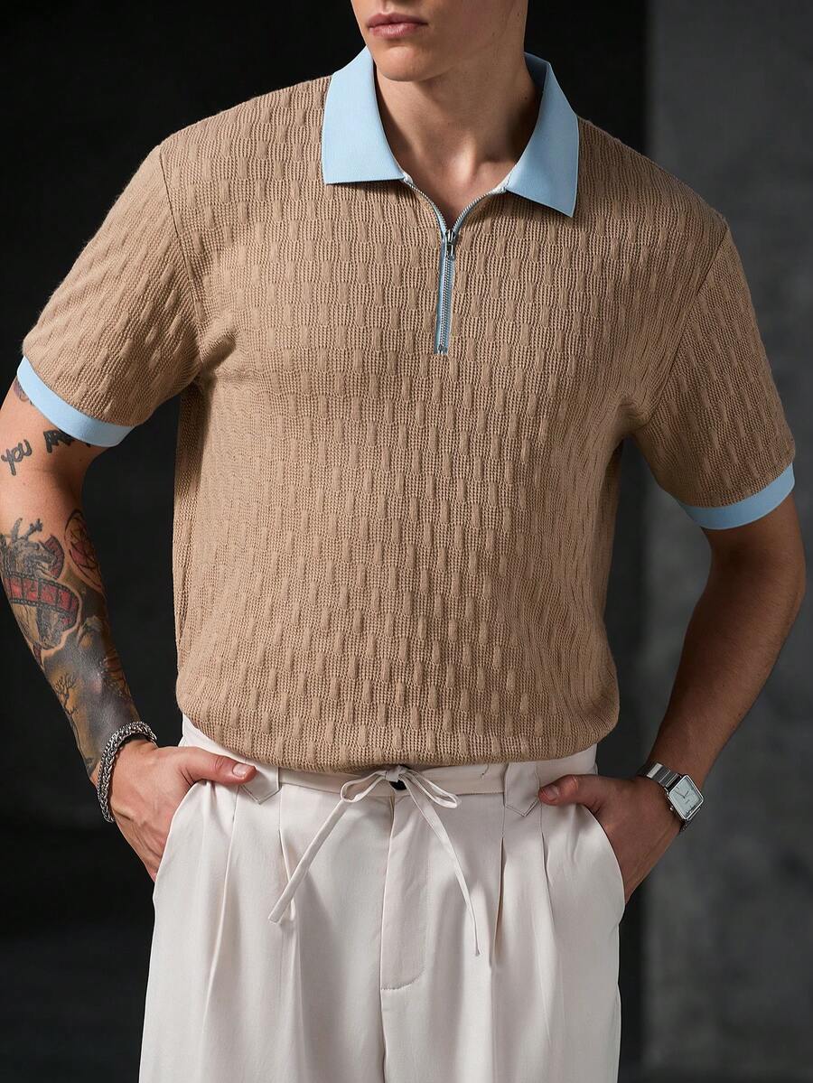 Manfinity CasualCool 男士休閒紋理拉鍊半開襟短袖對比色 Polo 衫 - 卡其色 - 查看 1