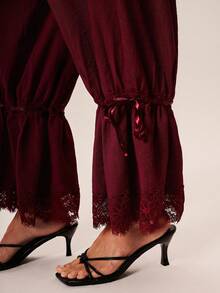 Willow Rêve Elegant Burgundy Lace Trim Drawstring Pants Vacation Holiday Summer Boho Style - Burgundy - View 9