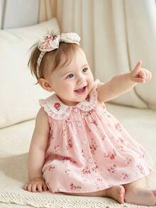 SHEIN Infant Girls'Cute Summer Light Pink Rose Embroidered Lace Collar Sleeveless A-Line Dress Soft Fabric Infant Dress For Party Cruise Photography 0-12M - Pink - View 3
