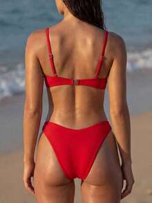 Swim Chiccia 2pcs Women's Solid Color Spaghetti Strap Ruched Bust Decor Crop Top & Triangle Bikini Set,Summer,Cute,Beach,Holiday,Red,Burgundy,Valentine's Day - Red - View 2