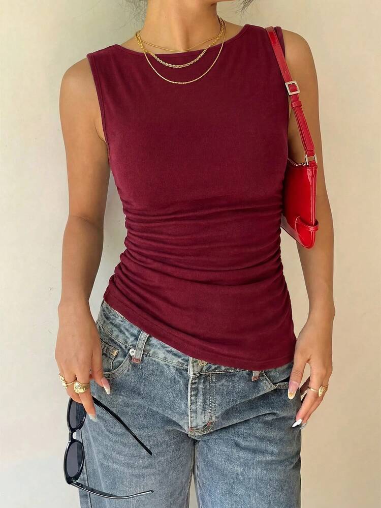 Siren Gaze Women's Summer Sexy Solid Color Backless Sleeveless T-Shirt - Burgundy - View 6