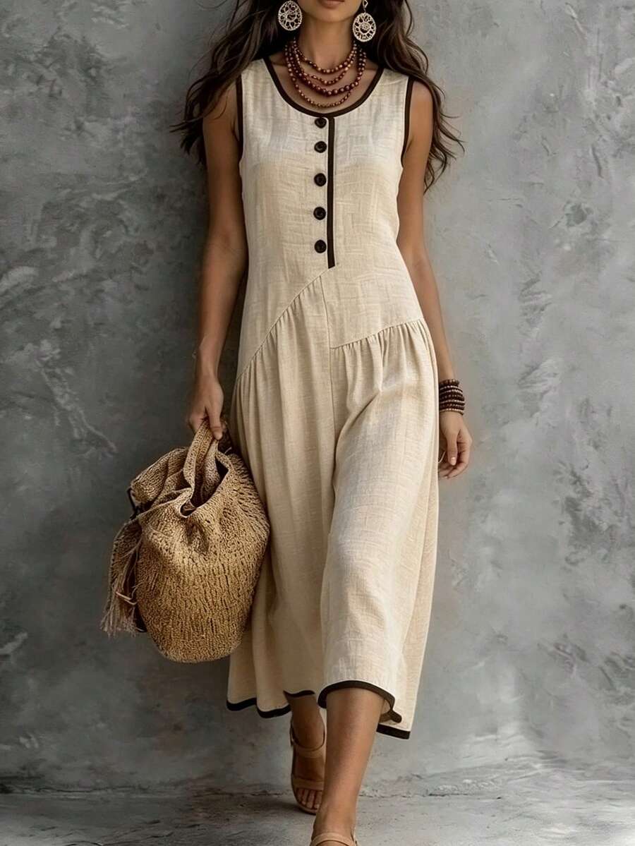 SHEIN Holidaya 女款休閒度假對比飾邊洋裝，前鈕扣裝飾洋裝，前褶皺，休閒洋裝，春/夏洋裝，杏色紋理面料洋裝，對比飾邊，通勤，日常，冬季，春季，秋季，會議，商務談判，日常辦公，約會，都市教師專業穿搭，聖誕新年穿搭，休閒聚會，旅行穿搭，幹練，優雅，極簡，魅力全季節穿搭，海灘穿搭，夏季穿搭，度假洋裝，海濱洋裝，休閒洋裝，春/夏洋裝