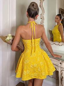 Vestido de gasa a cuadros tejidos de estilo romántico en verde, adecuado para vacaciones en la playa, uso casual, citas, Día de San Valentín, ocio urbano retro, negocios y trayectos, - Amarillo 2 - Ver 6