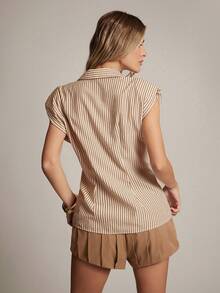 Hauture Women's Shirting Stripe Button Front Sleeveless Blouse Office Wear - Apricot - View 2