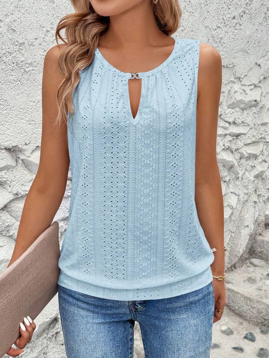 SHEIN LUNE 女款鏤空刺繡鑰孔領背心上衣 - 藍色 - 查看 1