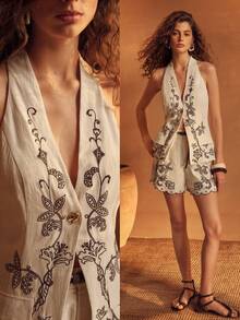 MOTF PREMIUM WOMEN'S LINEN BLEND EMBROIDERED VACATION LIGHTWEIGHT BLAZER VEST GOLF WHITE SEXY - Khaki - View 9