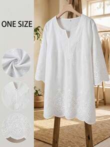 SHEIN CURVE+ Áo kiểu dáng rộng rãi, màu trơn, phối ren, cổ khoét, thích hợp cho mùa hè, dành cho người có vóc dáng mũm mĩm. - trắng - Xem 5