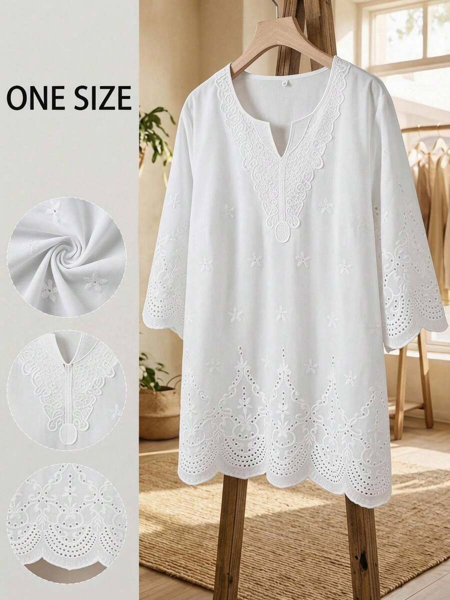 SHEIN CURVE+ 大码夏季休闲纯色蕾丝拼接镂空领宽松衬衫 - 白色 - 查看 1