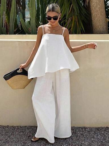 DAZY Summer Autumn June Festival Spaghetti Strap Square Neck Loose Solid White Top With Wide Leg Long Pants Women 2 Pieces Set