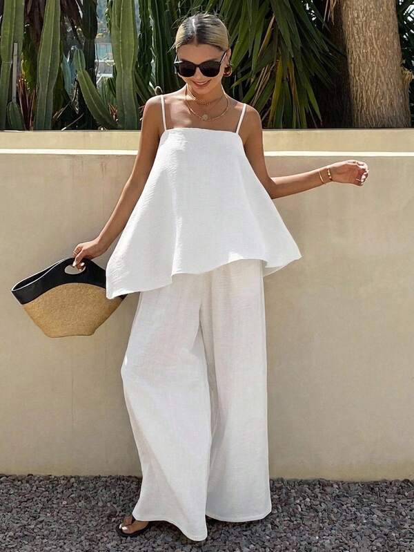 DAZY Summer Autumn June Festival Spaghetti Strap Square Neck Loose Solid White Top With Wide Leg Long Pants Women 2 Pieces Set