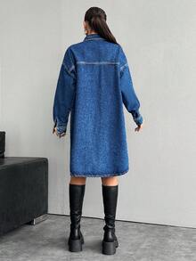 EURMUSE Women's Loose Fit Drop Shoulder Denim Dress With Front Button Closure - Medium Wash - View 2