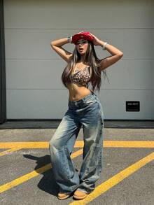 Coolane 女款夏季街頭風 Y2K 派對日常外出演唱會休閒拼接寬鬆低腰復古水洗棉質寬腿牛仔褲 - 中等水洗藍 - 查看 6