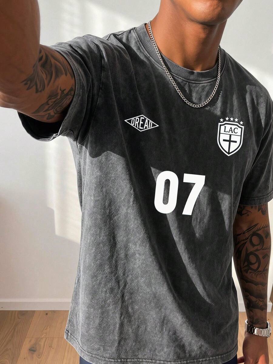 Manfinity Gritte Field Men's Summer Numeric Print Round Neck Short Sleeve Sports T-Shirt - Dark Grey - View 1