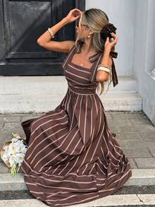 Siren Gaze Women's Vacation Casual Boho Brown Striped Dress Vacation Summer - Brown - View 5