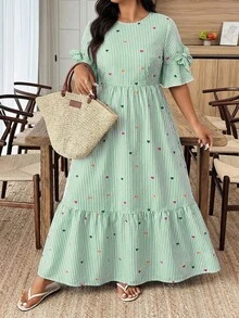Weeklong Women's Plus Size Spring/Summer Round Neck Tiered Cake Layered 3D Bow Decor Dress - Multicolor - View 6