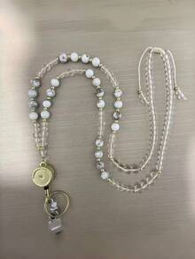 1pc Natural Stone Beads Retractable Badge Reel Lanyard Id Card Holders Necklaces Chain Keychain Clip For Women Men Employee Wholesal - multicolor - View 12