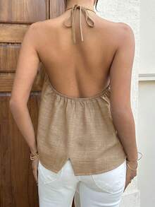 Siren Gaze Halter Neck Ruffle Top For Women - Khaki - View 6
