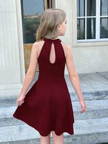 SHEIN Vestido casual de línea A sin mangas con cuello alto y cintura ceñida para niñas preadolescentes - Burdeos - Ver 2