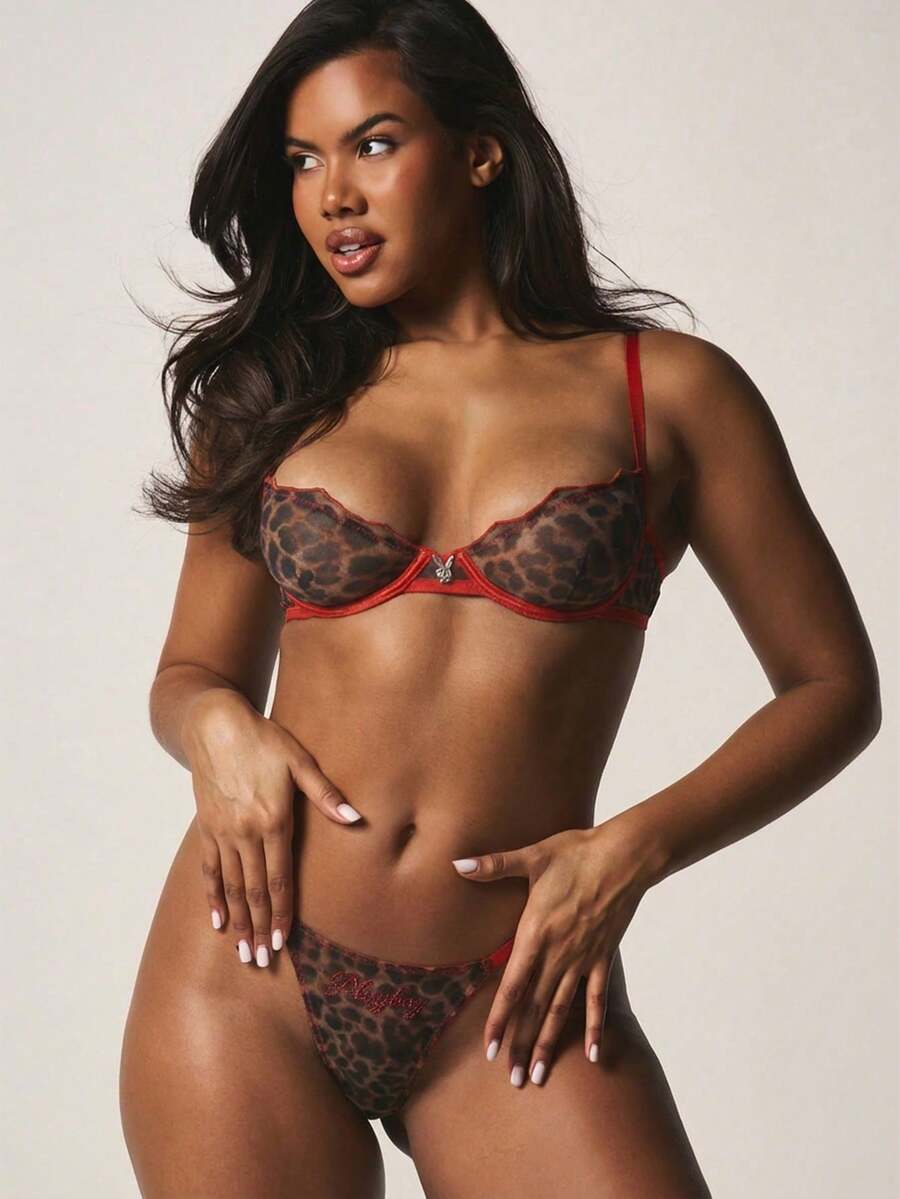 Missguided x Playboy Leopard Print Mesh Bra And Thong Panty Set With Rhinestone Logo And Red Trim Detailing - Red - View 1