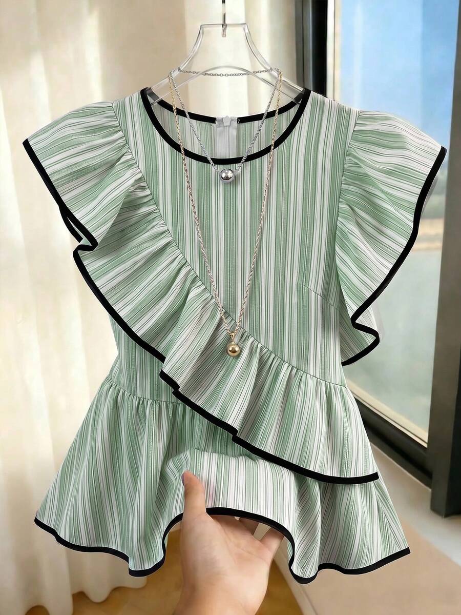 EMERY ROSE Women's Spring/Summer Fashion Elegant Striped Short Sleeve Round Neck Design Asymmetric Ruffle Hem Waist-Defining A-Line Hem Black Trim Edging Suitable For Outings Dates Daily Commute Exquisite Everyday Blouse - Green - View 1