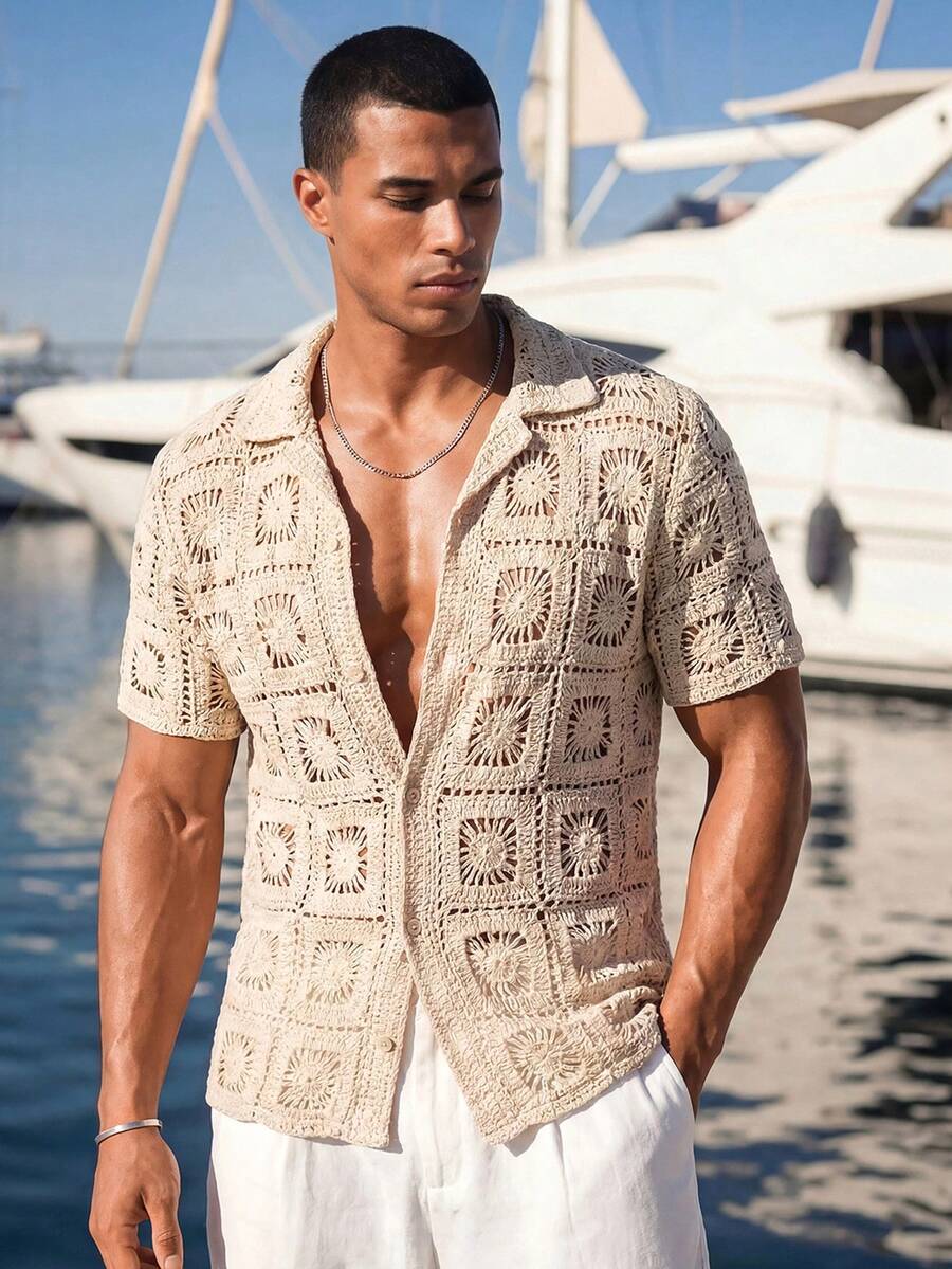 Ocevento Men's Single-Breasted Vacation Fashion Boho Versatile Short Sleeve Knit Top Vacation Beige Summer - Apricot - View 1