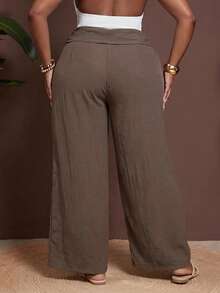 Veslaya Pantalones largos de pierna recta y pierna ancha con dobladillo asimétrico y patchwork para mujer talla grande primavera/verano - Verde militar - Ver 3