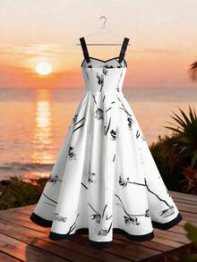 Elenzga Retro New Chinese Style National Wind Spaghetti Strap Backless Floral Mini Dress, Slim Fit Beach Vacation - Apricot - View 2