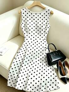 SHEIN LUNE Women's Bead Decor White With Black Polka Dots Bow Tie Strap Dress Brunch Party Summer Elegant - White - View 2