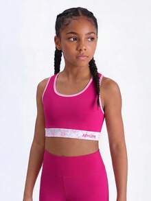SHEIN Tween Girl Letter Floral Print Striped Colorblock Cropped Sports Tank Top - Pink - View 5
