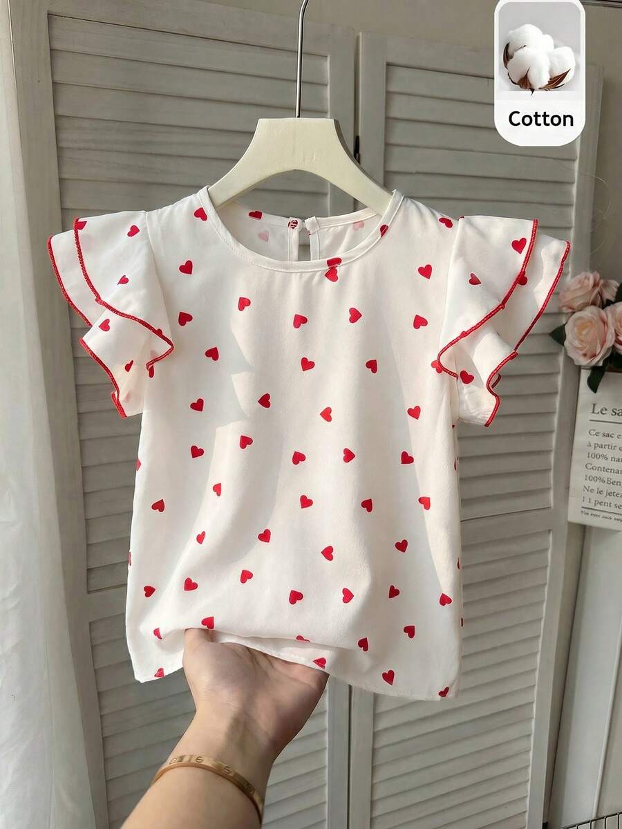 SHEIN 少女心印花圓領荷葉袖可愛上衣 - 紅白色 - 查看 1