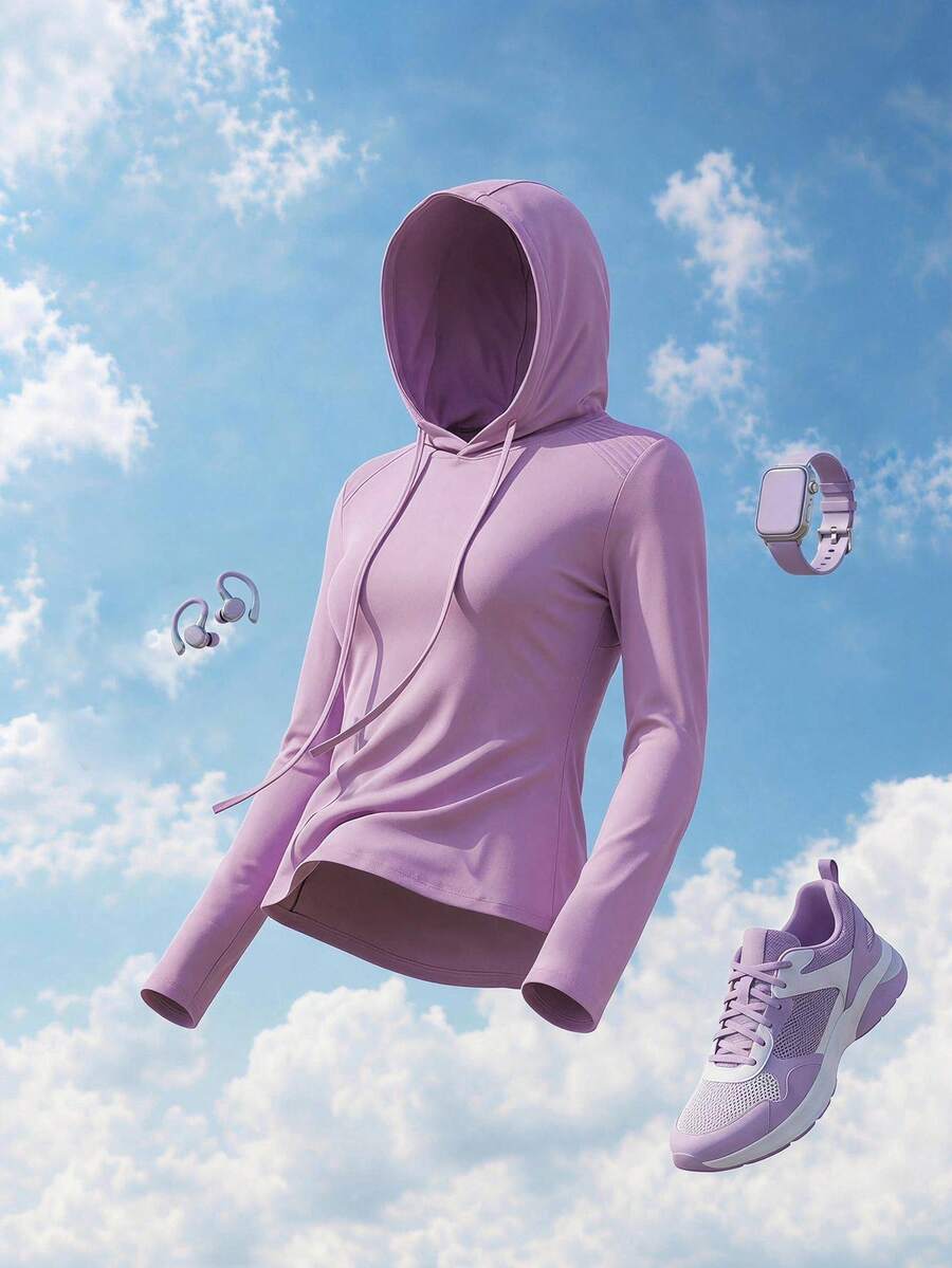 SHEIN Cheerettes 女款抽繩連帽長袖運動衫 - 紫色 - 查看 1