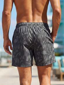 Manfinity Swimmode Men's Beach Holiday Flamingo Print Drawstring Swim Trunks Men's Beachwear Grey Swim Trunks Men Swim Trunks Drawstring Camo Men's Swim Trunks - Black - View 2