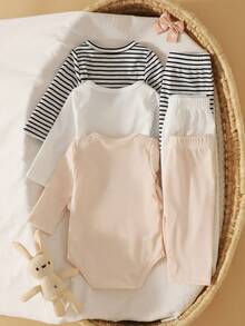 SHEIN Set Bodysuit Bayi Baru Lahir Lembut Leher Bulat Lengan Raglan Bergaris Nyaman Warna Putih dan Hitam Putih Merah Muda Terang Musim Gugur Lucu - MultiWarna - View 3