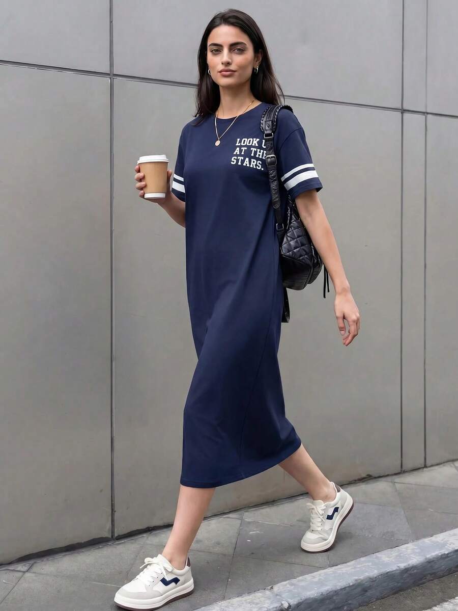 Solavon 女款夏季休閒海軍藍白字母印花洋裝,適合旅行、返校、日常穿著 - 藏蓝色 - 查看 1