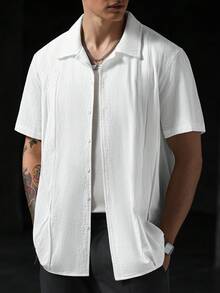 Manfinity CasualCool 男士夏季休閒百搭素色短袖襯衫 - 白色 - 查看 5