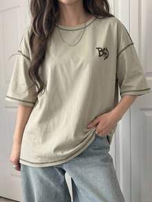 DAZY Color Block Contrast Stitching Decor Short Sleeve Women T-Shirt Summer Preppy Tops School - Khaki - View 9