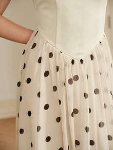 Anewsta Women's Elegant Boat Neck Sleeveless Polka Dot Print Patchwork Long Dress, Casual Wedding Beach Tea Party Garden, Vintage Spring/Summer, French Style - Apricot - View 8