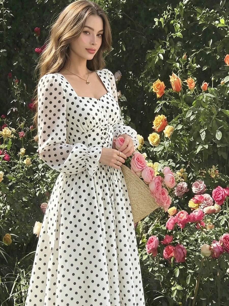 Modelyn 女款圓點圖案繫帶設計法式風格高階收腰洋裝 - 彩色 - 查看 1