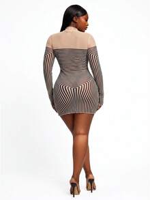 SHEIN SXY 大尺碼時尚百搭條紋側開衩拼接修身長袖洋裝 秋季 - 彩色 - 查看 2