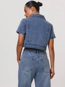 MUSERA Blue Denim Button Through Cropped Cap Sleeve Top - Blue - View 3