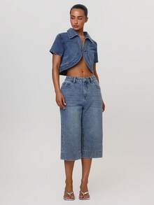 MUSERA Blue Denim Button Through Cropped Cap Sleeve Top - Blue - View 5