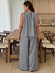 Weeklong Spring Summer New Arrival Plus Size Women's Black & White Gingham Textured Round Neck Drawstring Sleeveless Top + High-Waist Wide Leg Pants Sets, For Daily & Travel Wear - Multicolor - View 2