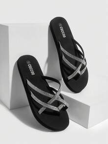 Grefit Sandales décorées de strass noirs à la mode pour les femmes, chaussures de vacances, d'été, chaussures de rentrée scolaire, chaussures d'étudiante, chaussures de Noël, d'automne et du Nouvel An - Noir - Voir 3