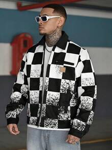Devon Thys Manfinity Streetrush 舒适撞色棋盘格纹男士长袖夹克，格子夹克，黑白夹克，赛车夹克，秋季款 - 黑色 - 查看 3