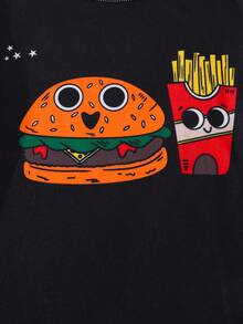 SHEIN Setelan Baju Tidur Rumahan Nyaman untuk Anak Laki-Laki (Tween Boy) Motif Kartun Burger, Pas Badan, Lengan Pendek Ketat, Celana Panjang, Rajut, 2 Potong - Hitam - View 5
