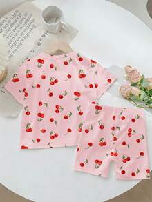 Young Girl Casual Simple Cherry Pattern Short Sleeve Shorts 2 Pieces Set Suitable For Summer - Multicolor - View 2