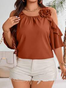 Vionelle Plus Cold Shoulder Ruffle Trim Blouse For Summer For New Year Clothes - Rust Brown - View 3