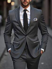 Manfinity Mode Men's Lapel Neck Long Sleeve Blazer & Pants Casual Business Suit Set Wedding Outfit For Men Nice Formal, Ceremony - Dark Grey - View 3