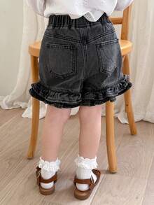 Hapijoa Wood Frill Trim Design Washed Distressed Short Denim Shorts For Young Girls Summer - Dark Grey - View 2