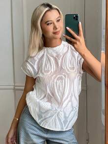 Livesso Camiseta de mujer de verano con encaje floral blanco, holgada, casual, elegante y de malla transparente para boda, fiesta y vacaciones - Blanco - Ver 5